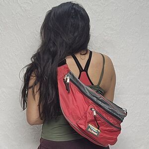 LL Bean Red Black Large Deluxe Fanny Pack Waist Bum Bag Vintage Outerwear Camp